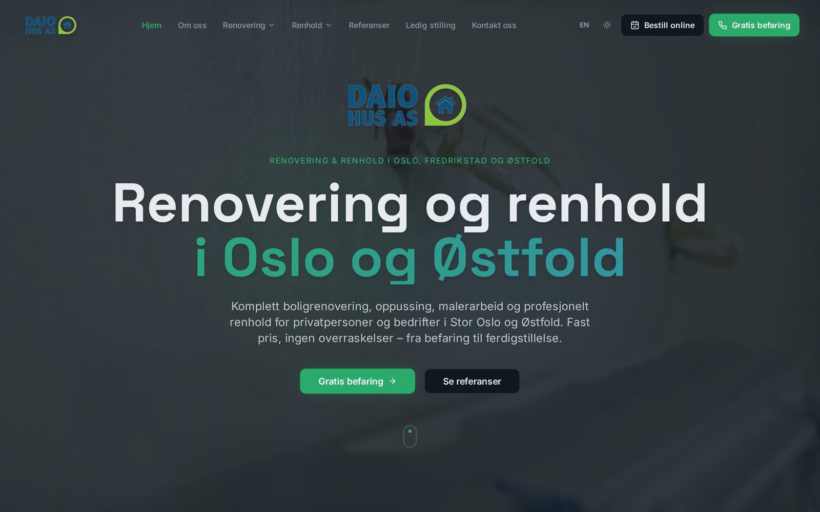 Forsiden til Daio Hus AS med logo, overskrift om renovering og renhold i Oslo og Østfold og knapper for befaring.