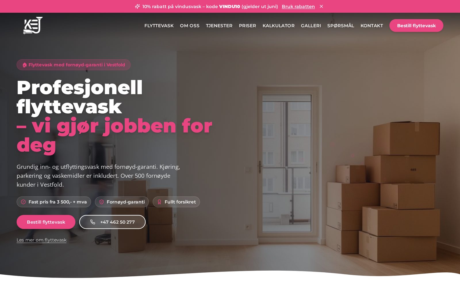 Forsiden til KEJ Renhold med rosa kampanjefelt, overskrift om flyttevask og knapp for bestilling.