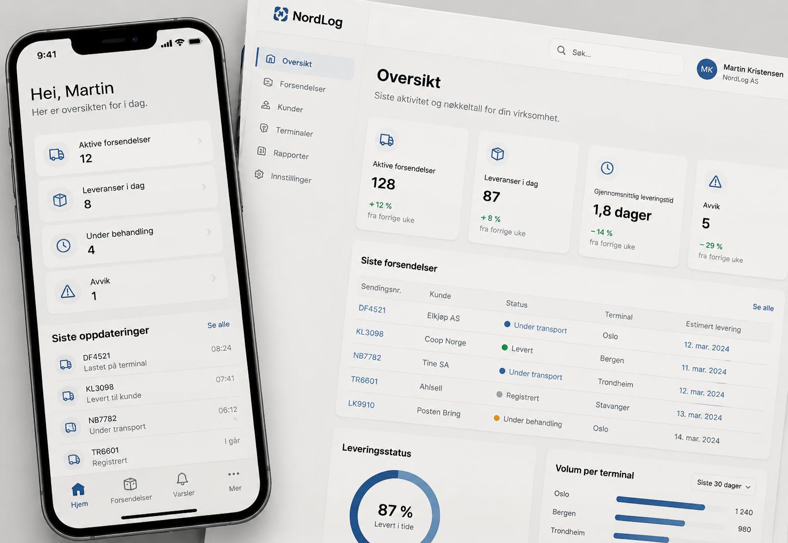 Kundeportal for NordLog vist på mobil og skjerm med nøkkeltall og forsendelsesoversikt.