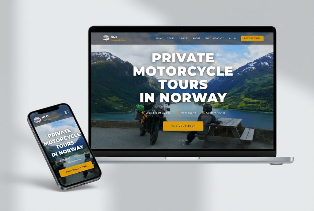 Forsiden til Norway Motorcycle Tours med fjordlandskap, motorsykkel og knapp for å finne tur.