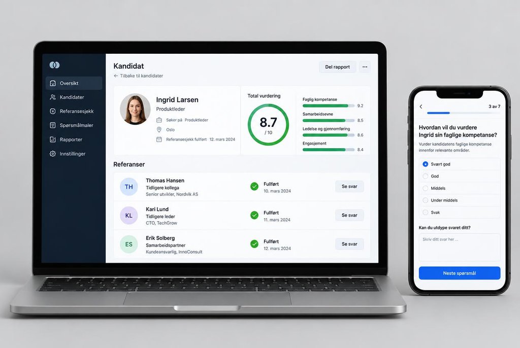 Referansio vist på laptop med kandidatrapport og score, og på mobil med spørreskjema for referanser.