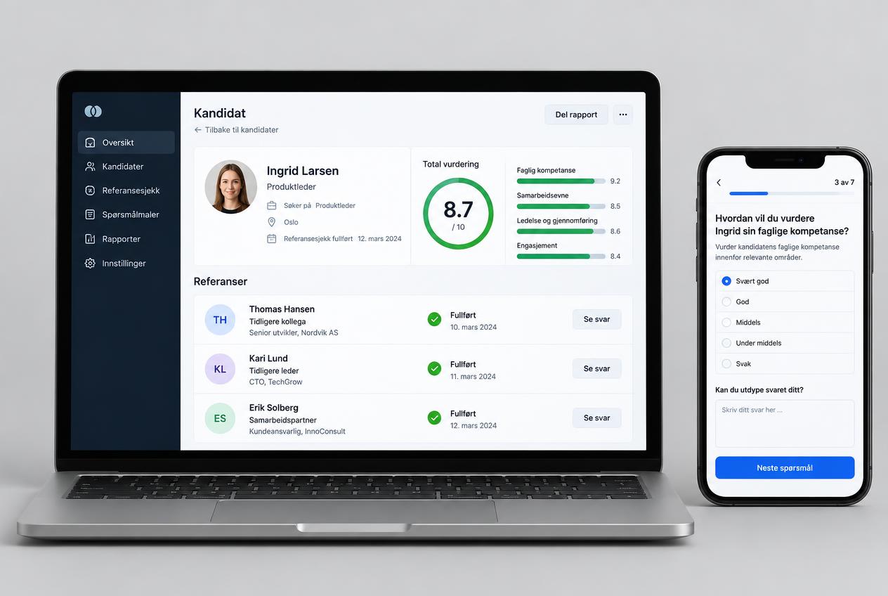 Referansio vist på laptop med kandidatrapport og score, og på mobil med spørreskjema for referanser.